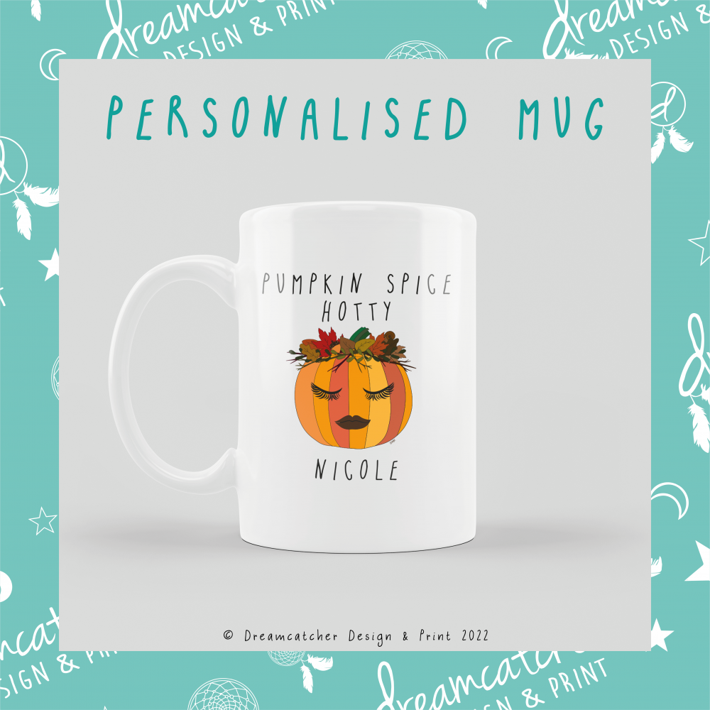 Personalised Name Mug Sassy Pumpkin with Leaf Crown Autumn Fall Halloween Design Pumpkin Spice Hotty Mug